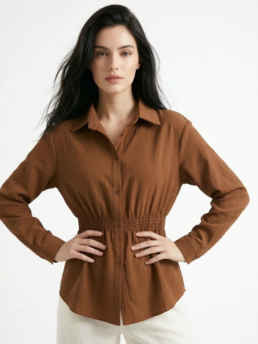 Brown Waist Fitted Front Buttoned Shirt