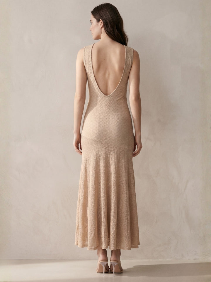 Beige Sleeveless Textured Knit Flared Dress