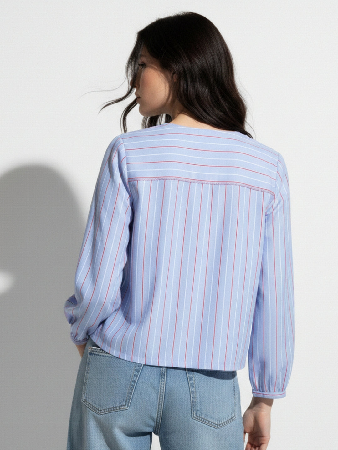 Blue Bishop Sleeve Tie-Up Top