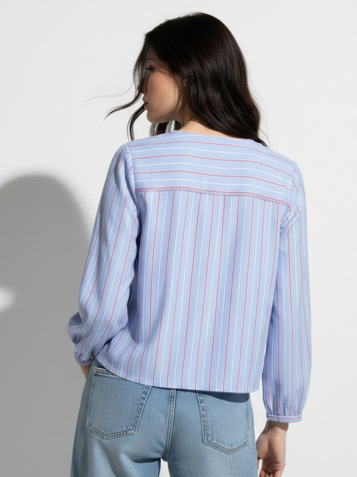 Blue Bishop Sleeve Tie-Up Top