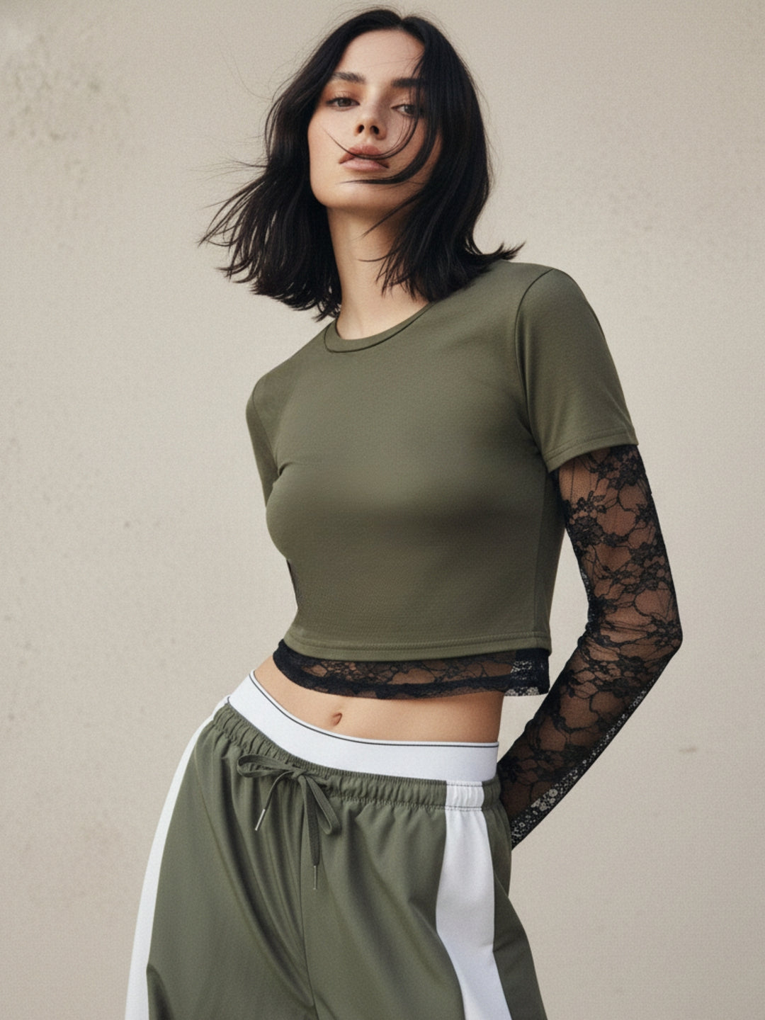Olive Lace Sleeve Fitted Top