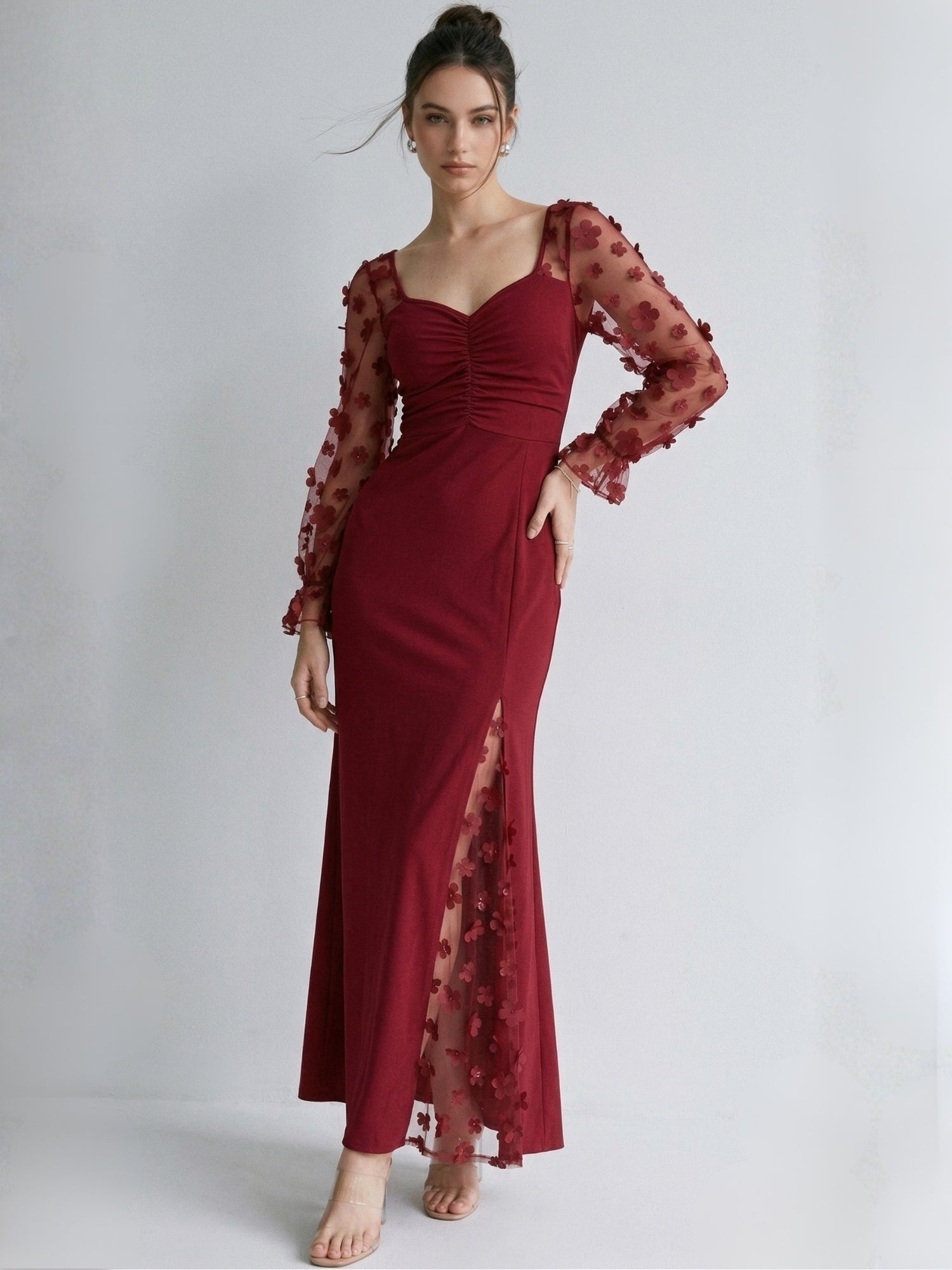 Maroon 3D Floral Applique Dress