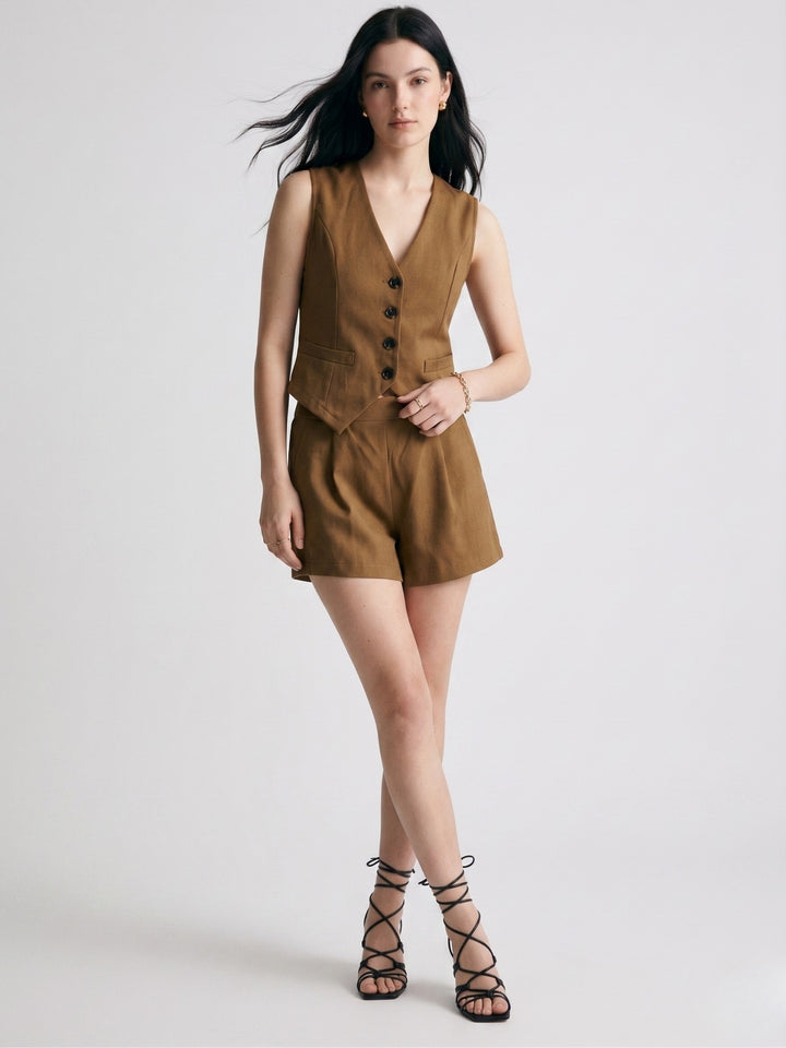 Khaki Sleeveless Front Buttoned Vest And Shorts Set
