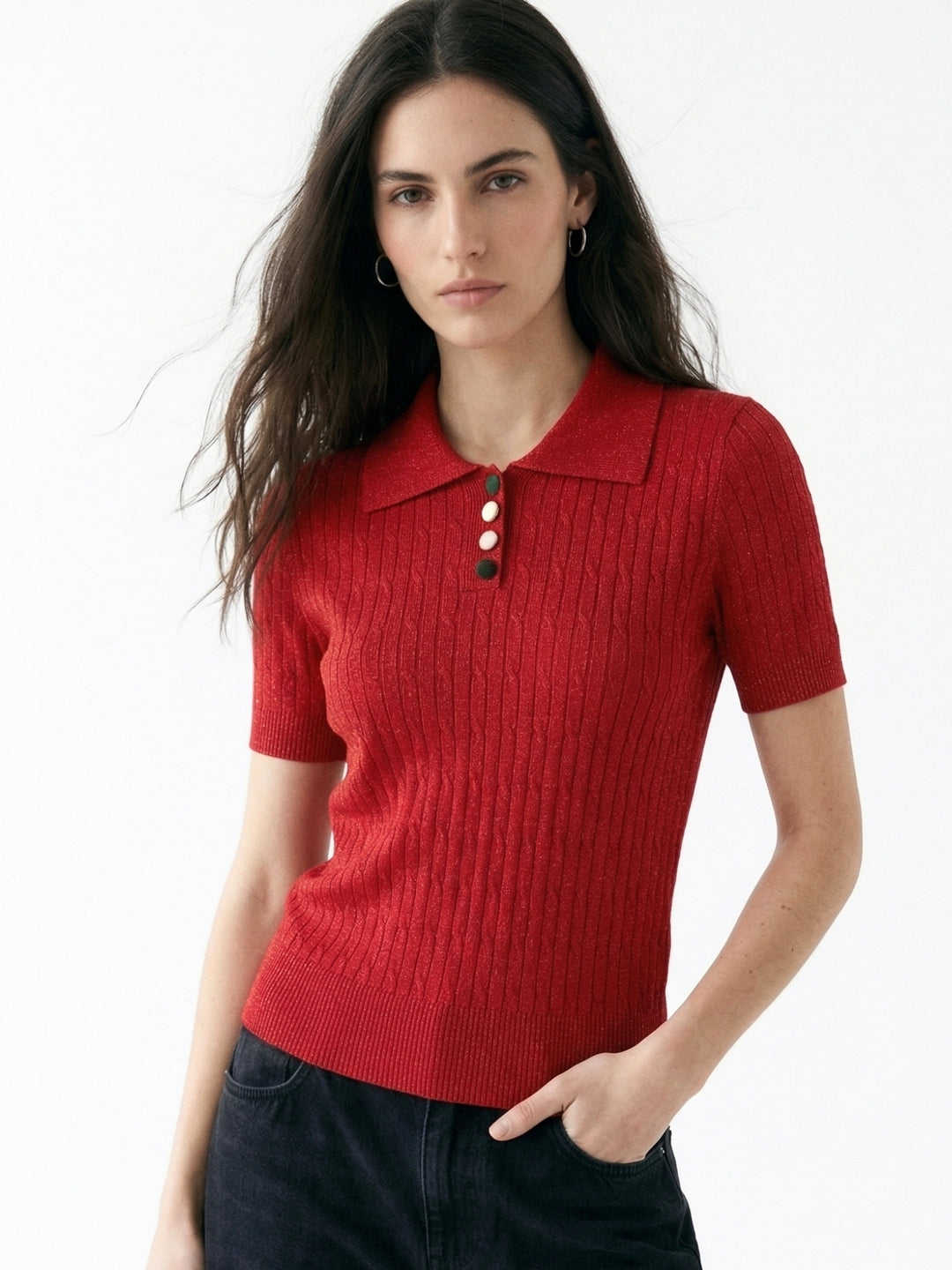 Red Short Sleeve Collared Neck Top