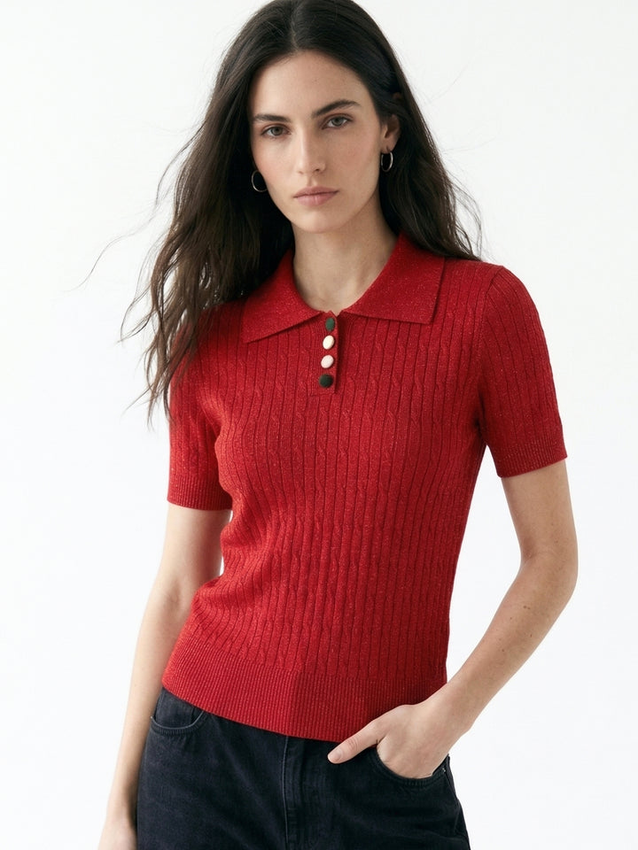 Red Short Sleeve Collared Neck Top