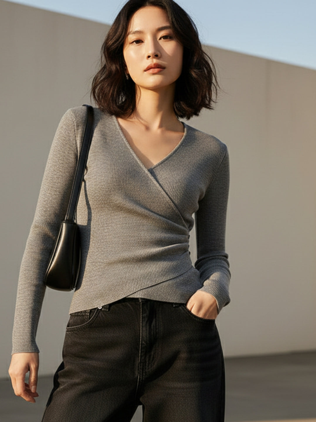 Grey Full Sleeve Wrap Top