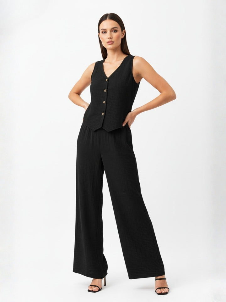 Black Button Down Vest And Pant Co-Ord Set
