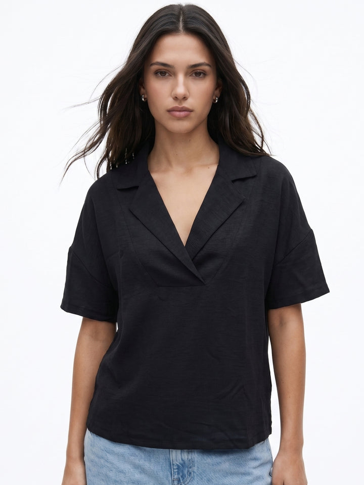 Black Stylized Collar Relaxed Top