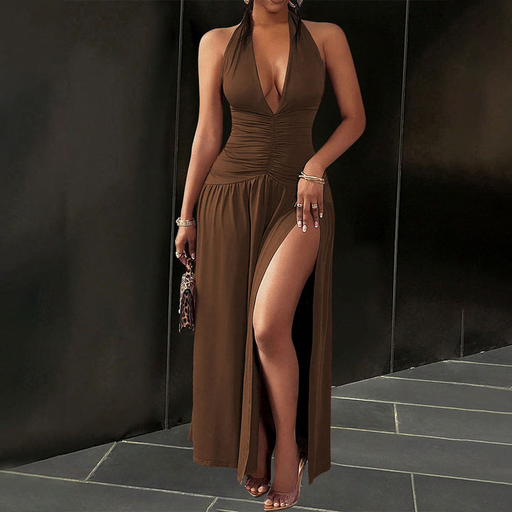 Brown Halter Neck Waist Ruched Slit Dress