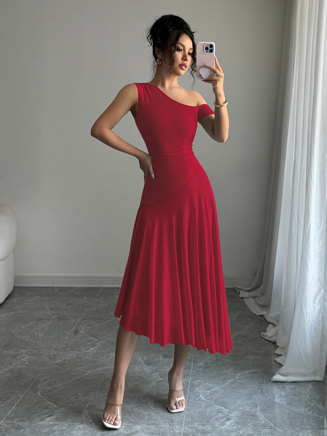 Red One Shoulder Sleeveless Pleated Dress