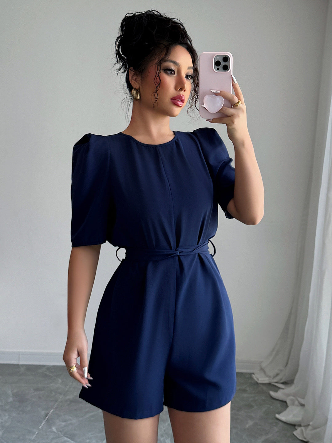 Navy Blue Solid High Neck Romper