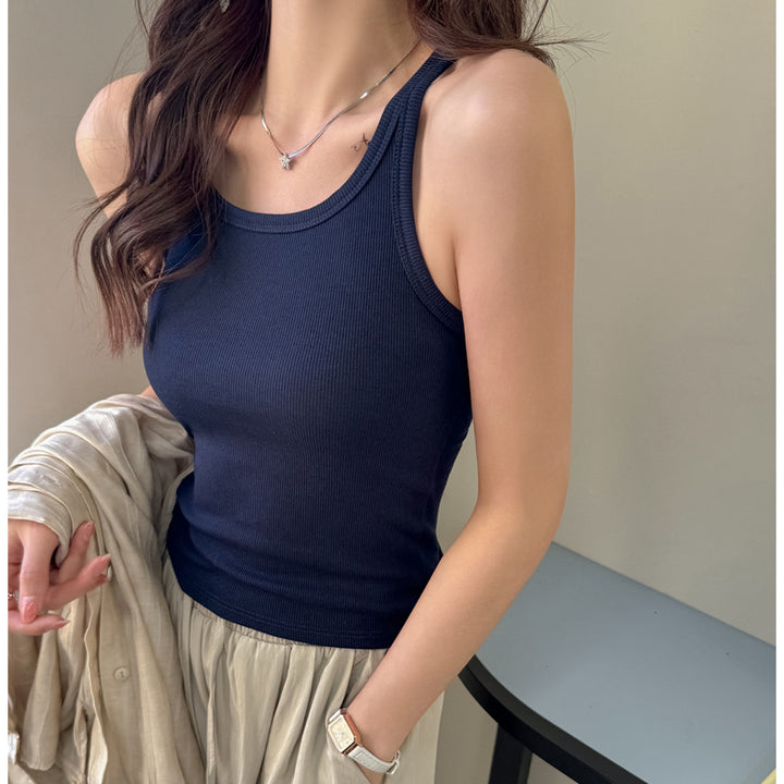 Navy Blue Scoop Neck Ribbed Tank Top
