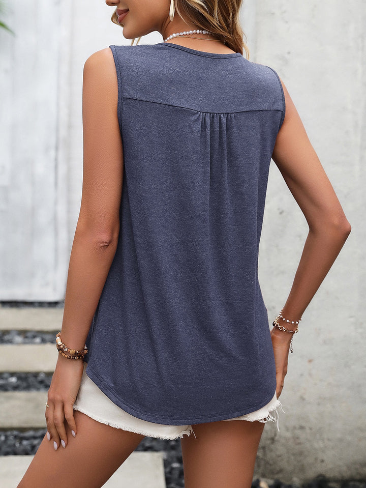 Deep Blue Round Neck Sleeveless Gathered Top