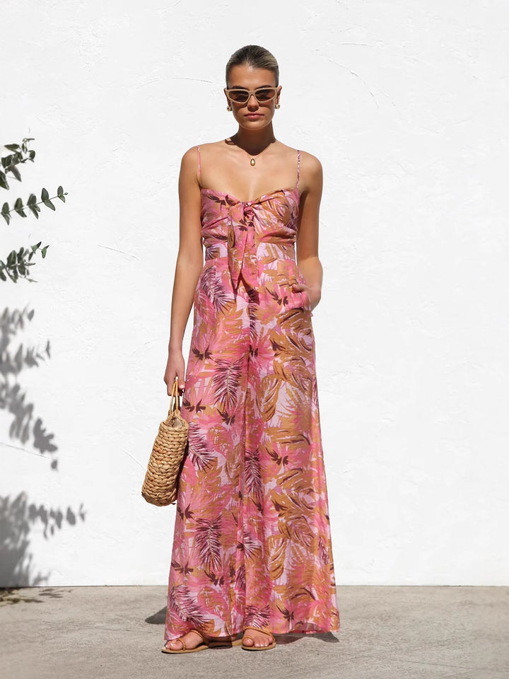 Multi Abstract Printed Spaghetti Strap Front Knot Dress