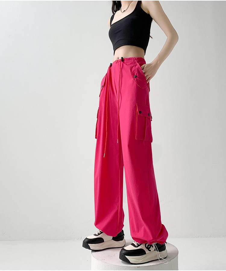 Pink Elastic Cargo Pants With Drawstring