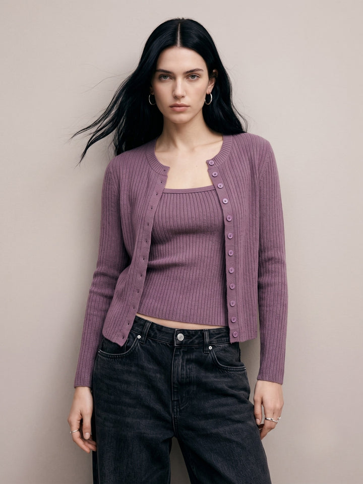 Purple Striped Textured Cardigan Styled 2Pcs Top