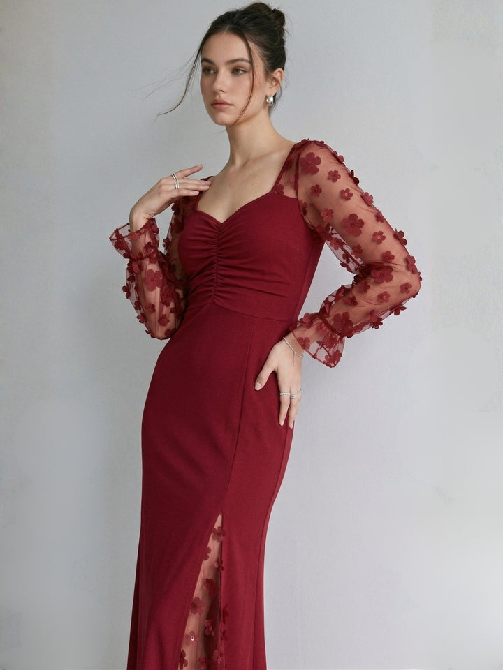 Maroon 3D Floral Applique Dress