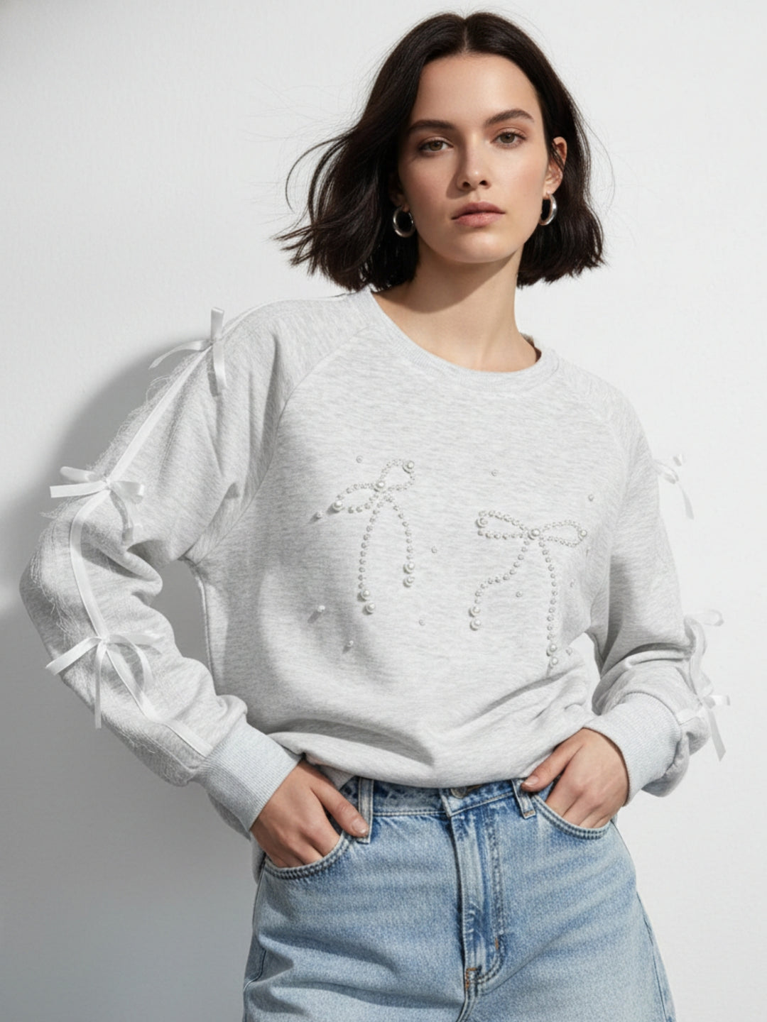Grey Full Sleeve Lace Bow Detail Sweatshirt