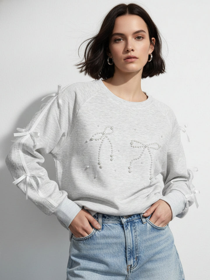Grey Full Sleeve Lace Bow Detail Sweatshirt