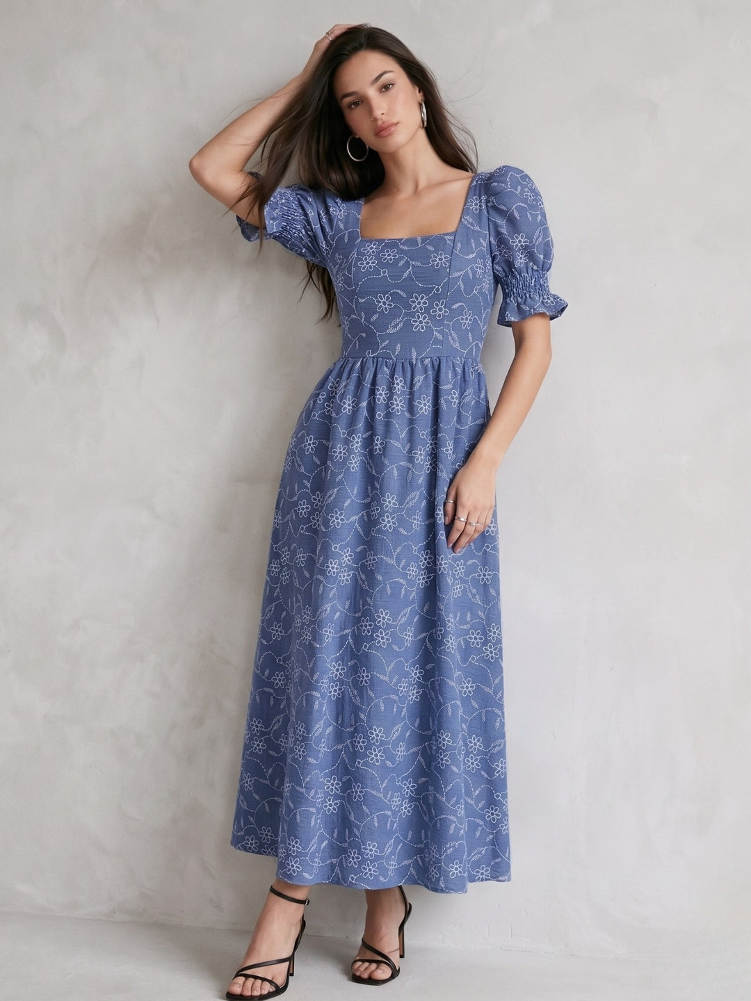 Blue Puff Sleeve Embroidery Square Neck Dress