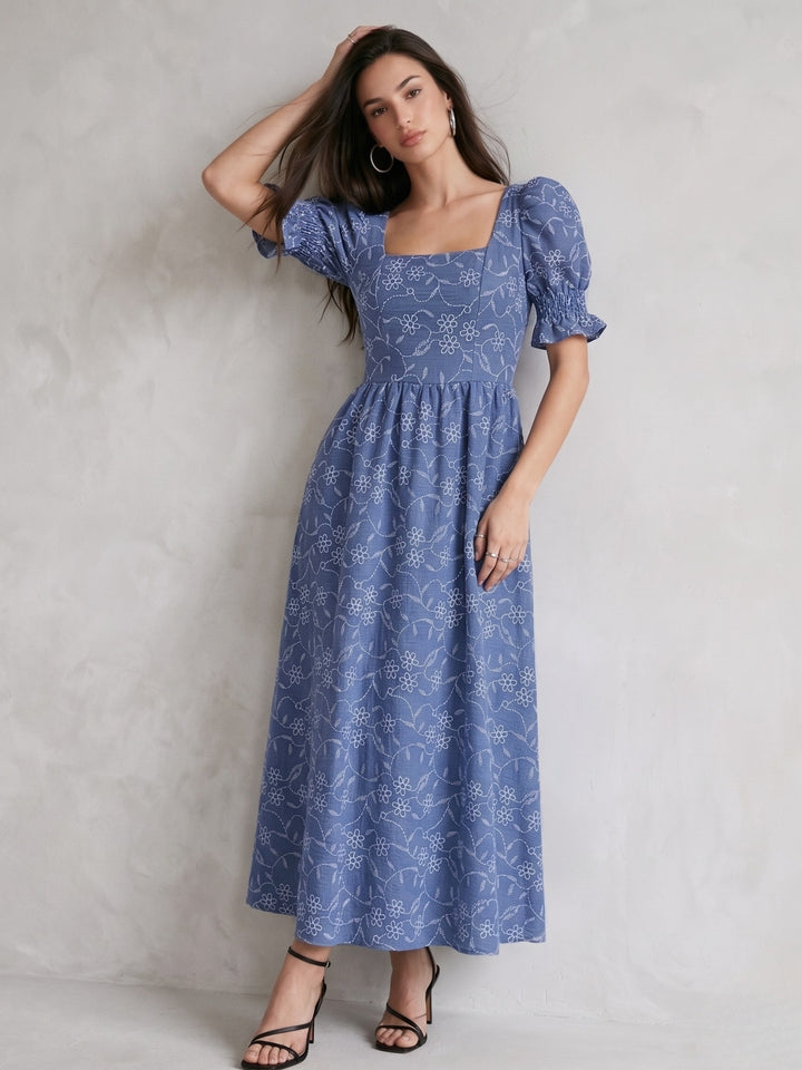 Blue Puff Sleeve Embroidery Square Neck Dress