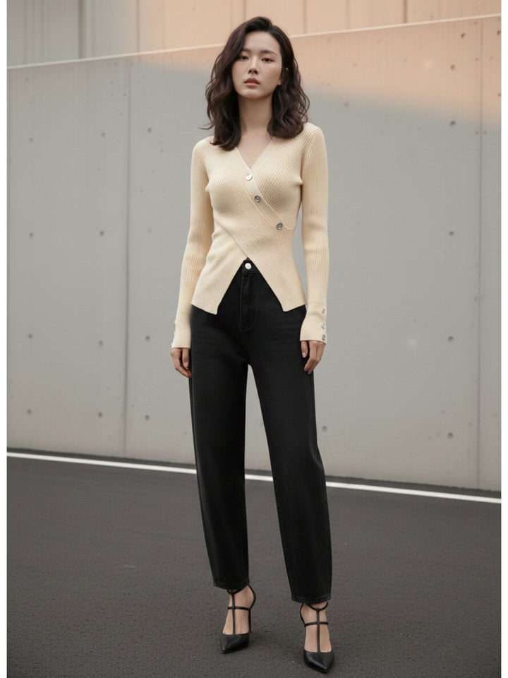 Cream Full Sleeve Wrap Asymmetrical Hem Top