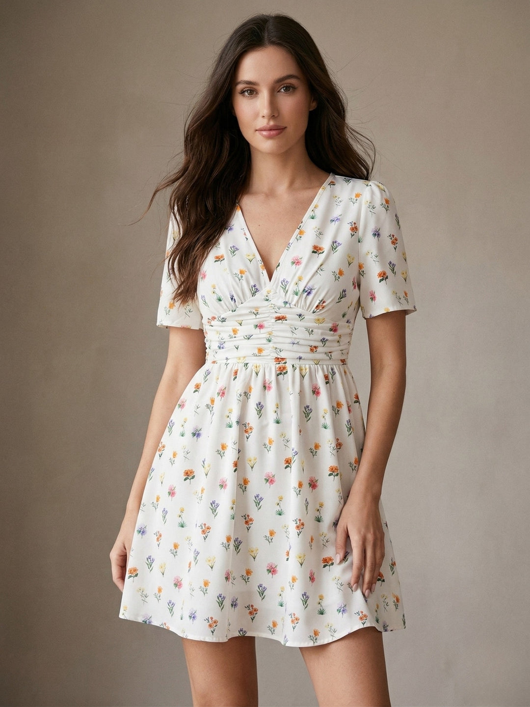 White Puff Sleeve V Neck Printed Dress