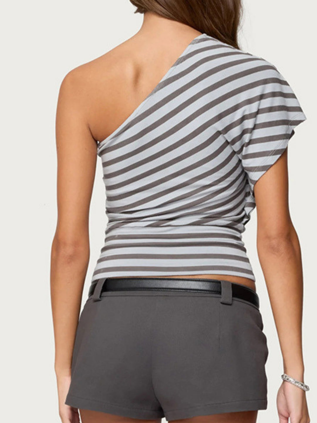 Grey One Shoulder Striped Top