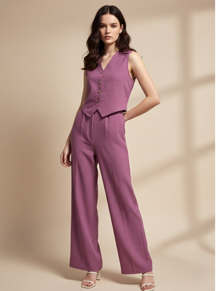 Mauve Button Down Vest And Pant Co-Ord Set