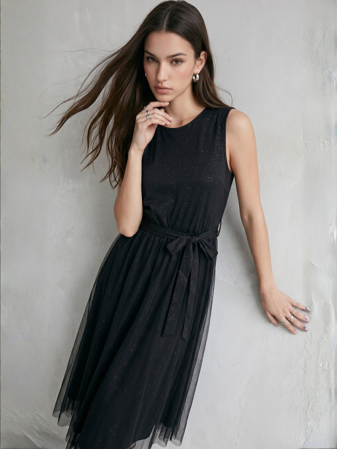 Black Waist Tie-Up Tulle Dress