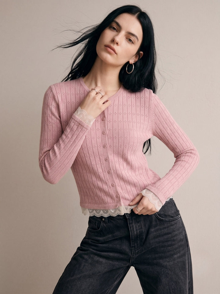 Pink Button Down Top With Lace Inserts At Hem And Sleeves