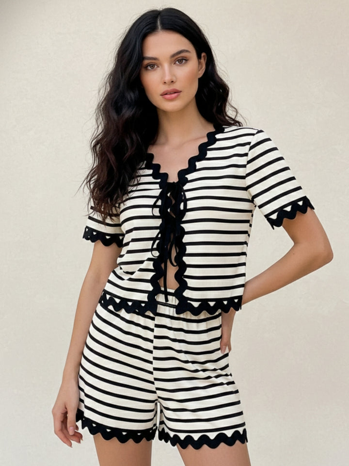 White Zig-Zag Hem Shirt And Shorts Set