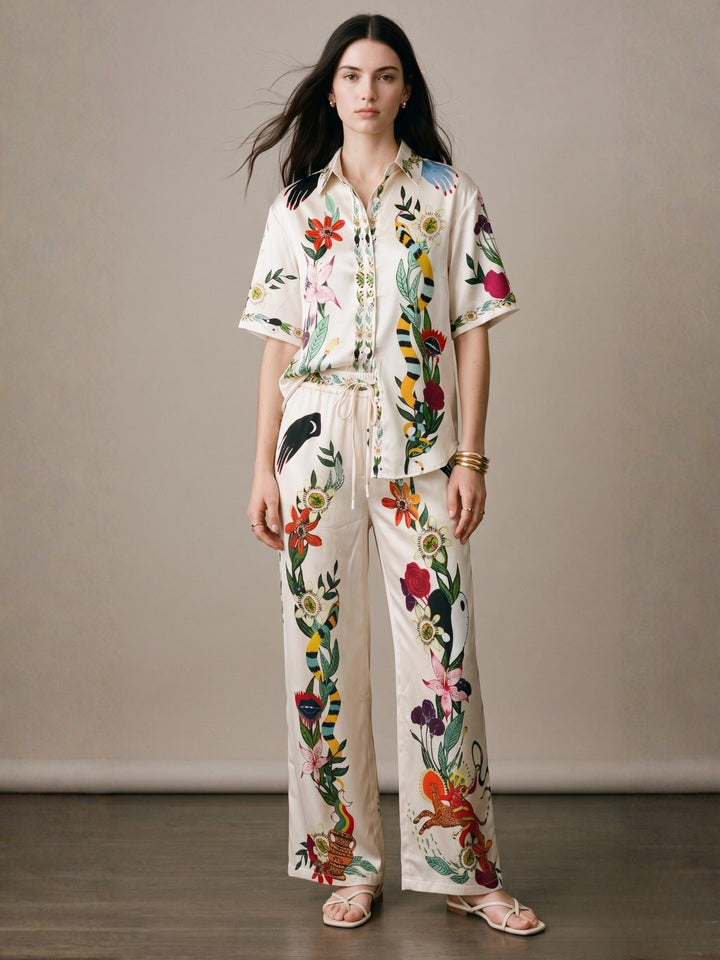 Off White Short Sleeve Printed Shirt And Pant Set