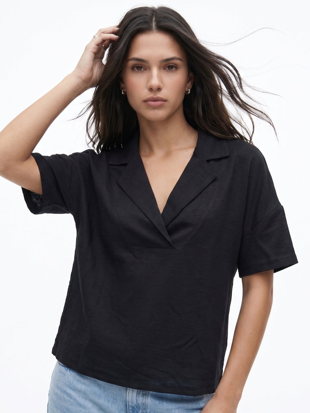 Black Stylized Collar Relaxed Top