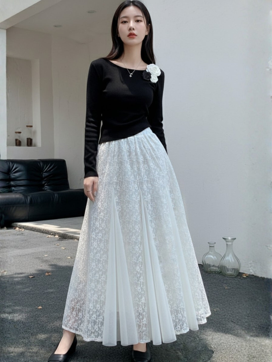White Maxi Skirt With Multiple Lace Inserts