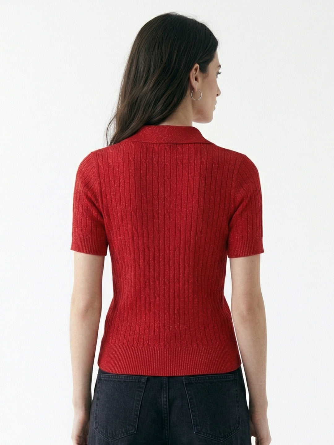 Red Short Sleeve Collared Neck Top