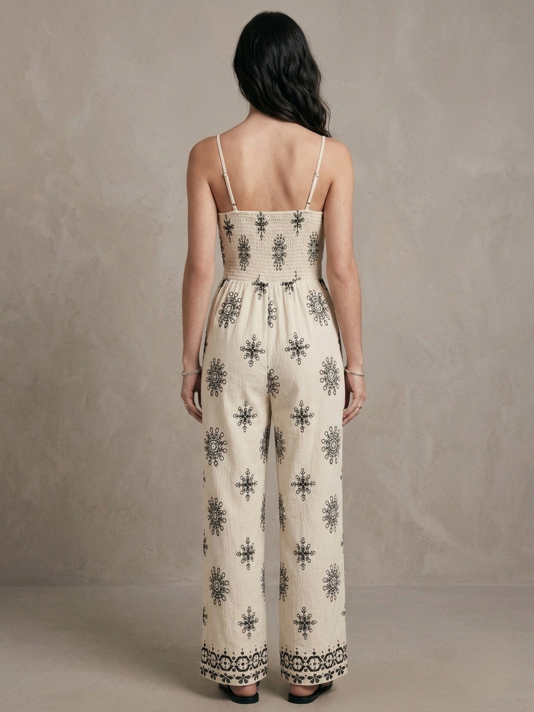 Cream Spaghetti Strap Printed Jumpsuit
