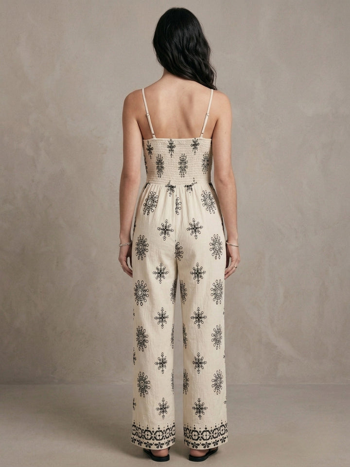Cream Spaghetti Strap Printed Jumpsuit