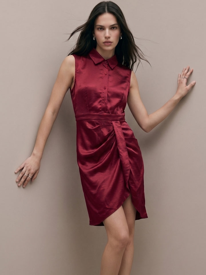 Red Sleeveless Button Down Dress With Wrap Over Hem