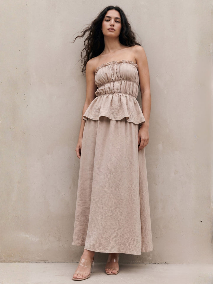 Off White Tube Smocked Top And Skirt Set
