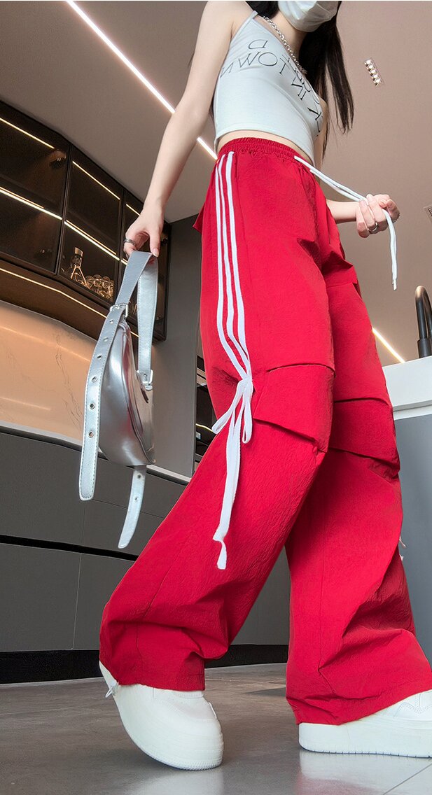 Red Wide Leg Drawstring Stripe Pin Tuck Sweatpants
