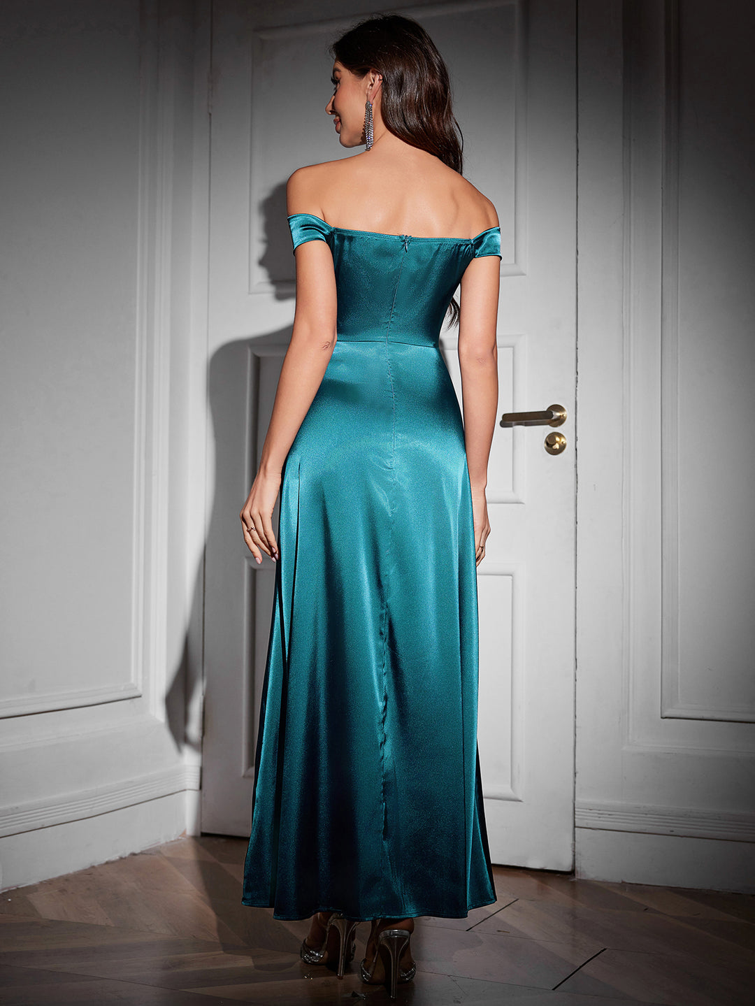 Aqua Off Shoulder Side Slit Dress