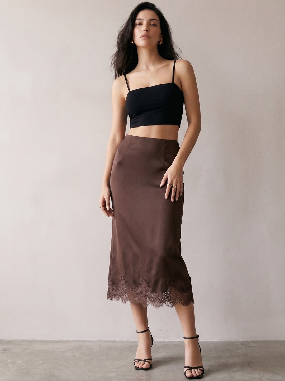 Brown High Waist Lace Hem Skirt