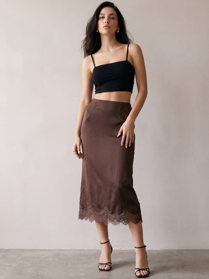 Brown High Waist Lace Hem Skirt