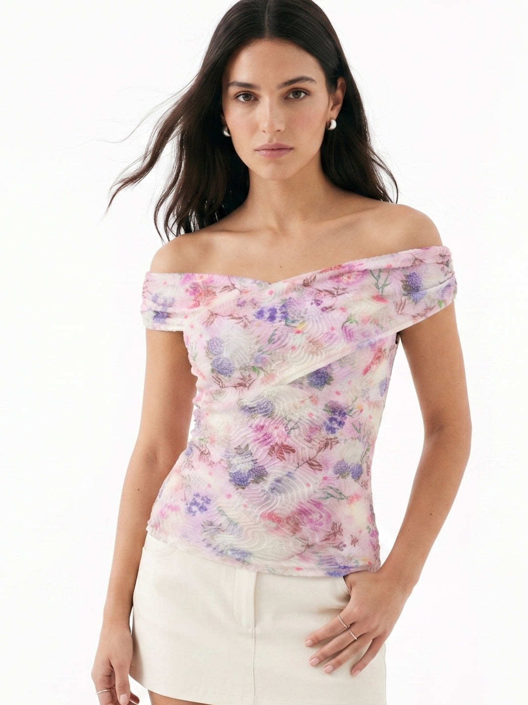 Lavender Ruched Bardot Floral Top