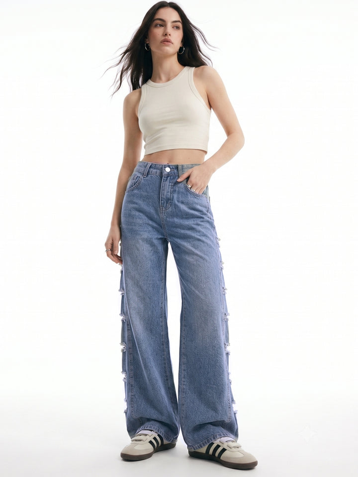 Blue Side Panel Distressed Baggy Fit Denim