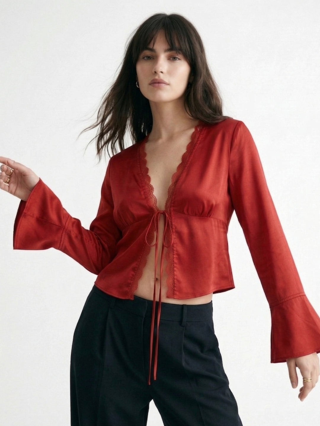 Red Bell Sleeves Front Tie-Up Lace Top