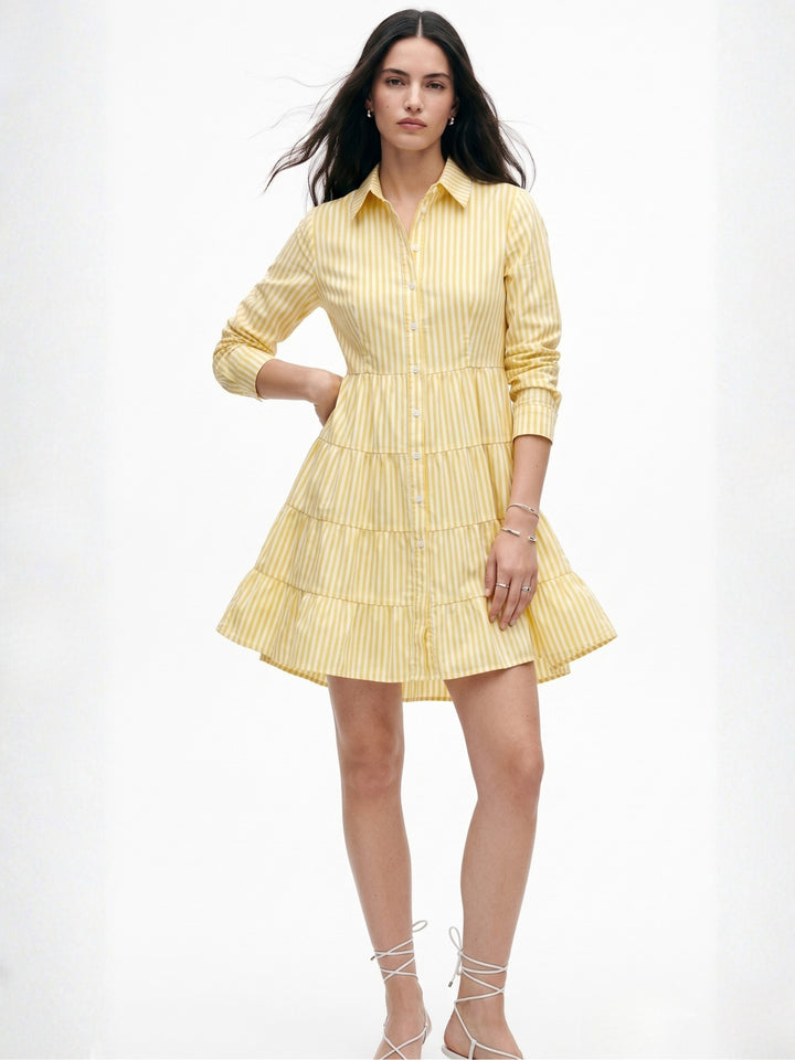 Yellow Striped Tiered Shirt Dress