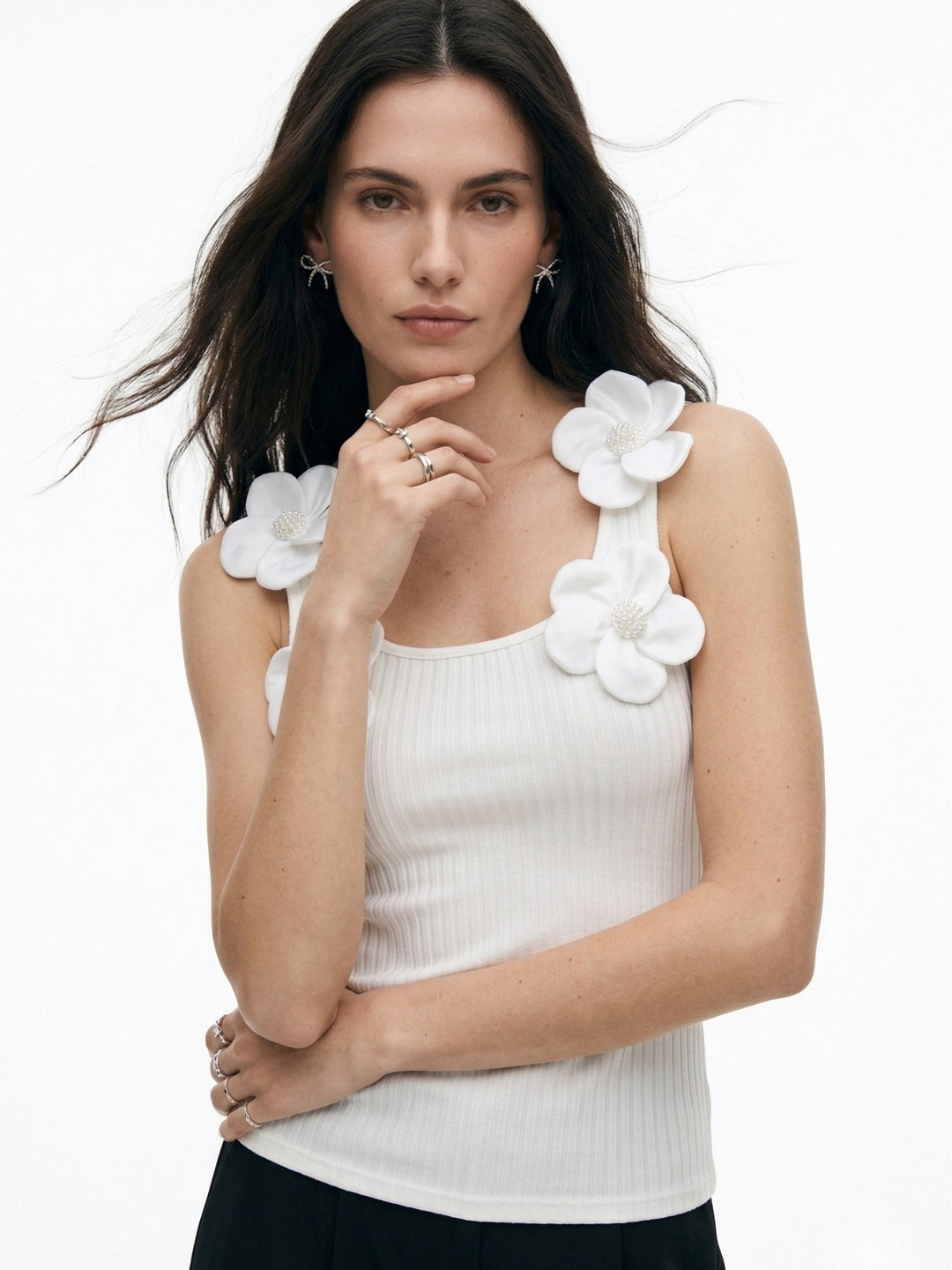 White Floral Embellished Sleeve Fitted Top
