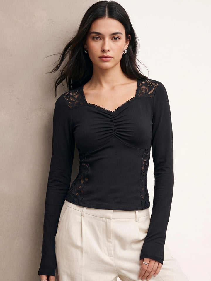 Black Sweetheart Neckline With Lace Inserts Top